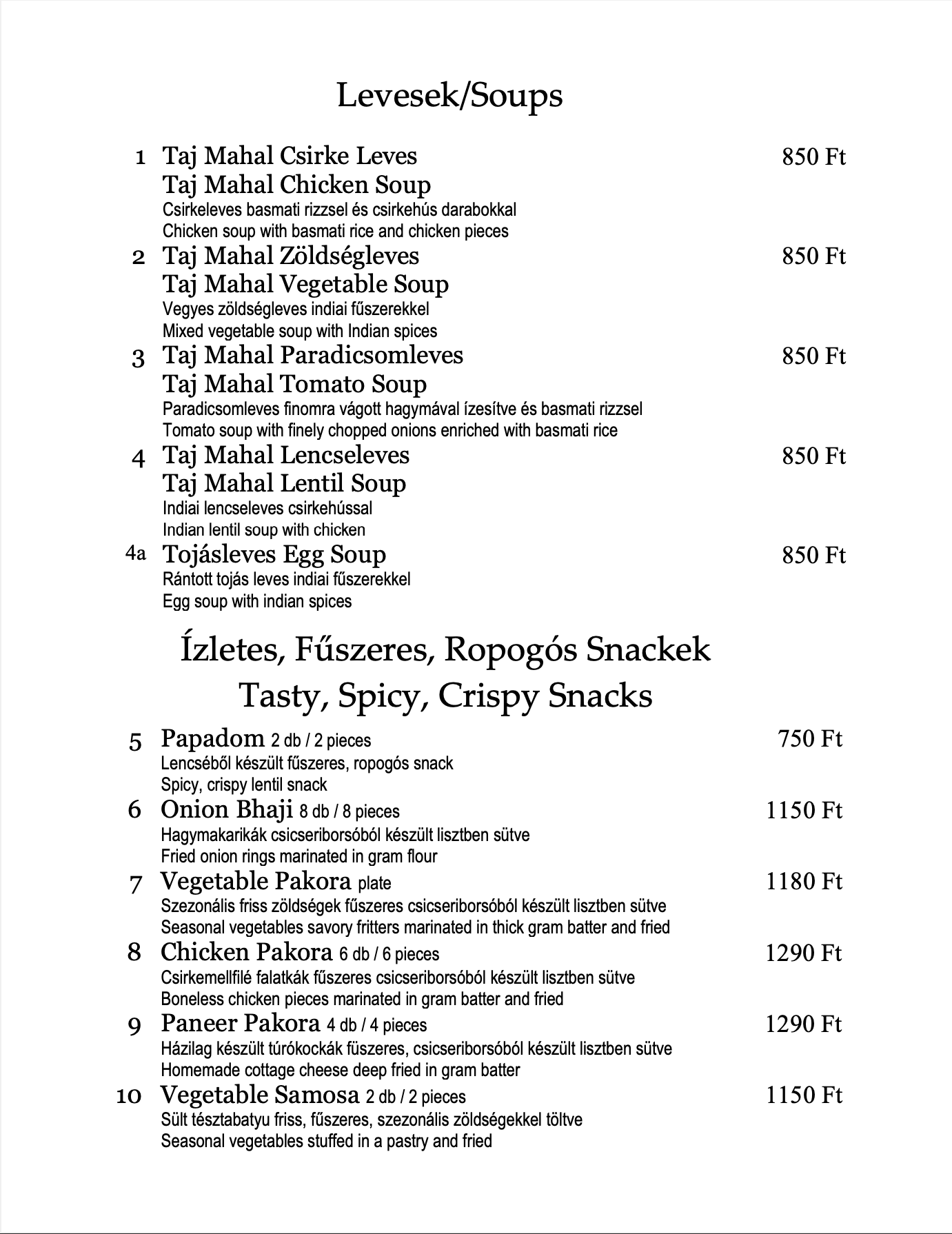 Menus Taj Mahal Indian Restaurant Szeged